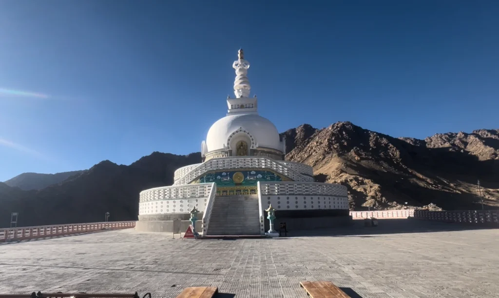 Shanti Stupa is a Buddhist white-domed Stupa (chorten) on a hilltop in Chanspa, Leh district, Ladakh, in north India.