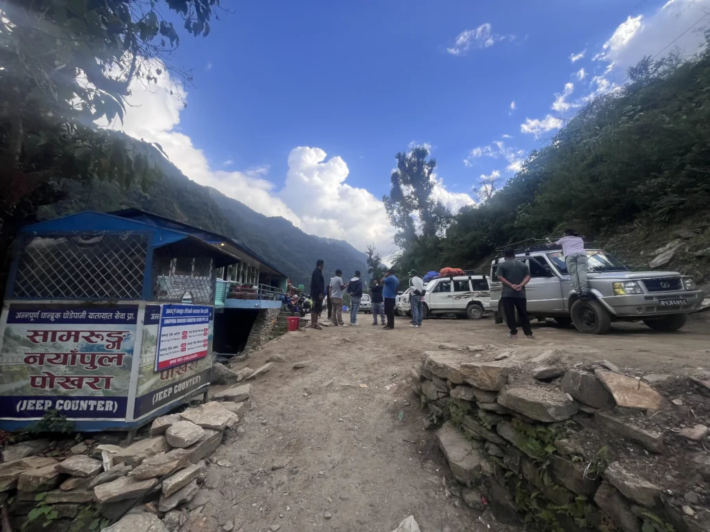 This photo shows the Jhinu Danda jeep stand, the point where I arrived before starting my Annapurna Base Camp trek. From here, trekkers begin the shortest and most direct route toward Chhomrong and the upper trail.
